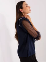 Navy Blue Formal Blouse with Mesh Sleeves