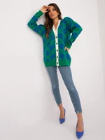 Green and cobalt blue cardigan with print