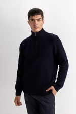 DEFACTO Navy Blue Standard Fit Regular Cut Bato Collar Zippered Basic Plain Knitwear Sweater