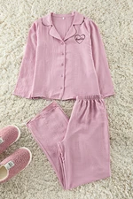 Trendyol Pink Slogan and Heart Embroidered Satin Woven Pajama Set