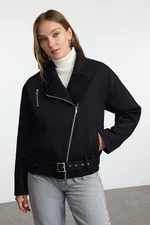 Trendyol Black Oversize Belted Gabardine Biker Thin Jacket Coat