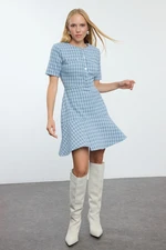 Trendyol Crew Neck Mini Tweed Woven Dress with Indigo Skirt Opening at the Waist