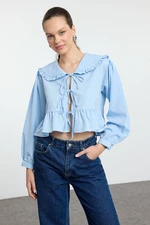 Trendyol Light Blue Frilled Baby Collar Front Tie Detail Woven Regular Fit Shirt