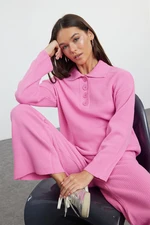 Trendyol Pink Polo Neck Twill Knitwear Bottom-Top Set