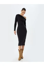 Koton Midi Dress Asymmetrical Neck Draped Slim Fit Long Sleeve