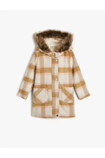 Koton Oversize Coat Hooded Faux Fur Detail With Snap Flap Pockets