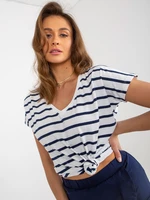 Women's striped T-shirt in white and navy blue with a V-neck