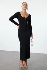 Trendyol Black Body-Sit Knitted Long Dress with Tie Detail at Chest