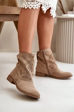 Openwork Women's Low Ankle Boots Zipper Beige Irinette