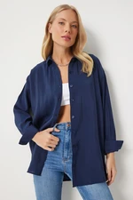 Happiness İstanbul Women's Navy Blue Oversize Long Linen Ayrobin Shirt