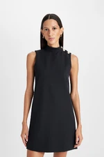 DEFACTO Half Turtleneck Basic Plain Button Sleeveless Mini Black Dress