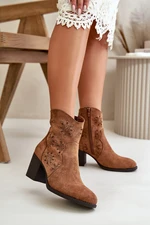 Ankle boots with openwork upper on a heel, made of eco suede, brown Nevishiia