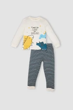 DEFACTO Baby Boy Crew Neck Dinosaur Printed Long Sleeve Top Striped Bottom Pajama Set