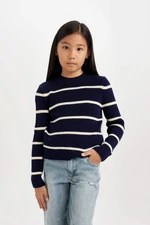 DEFACTO Girl Navy Blue Striped Fitted Crew Neck Knitwear Sweater