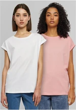 Women's Extended Shoulder Tee T-Shirt - 2pcs - Pink + White