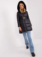 Black quilted winter jacket with belt