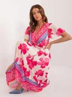 Pink and beige women's dress with colorful patterns