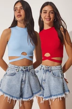 Happiness İstanbul Women's Red Blue 2-pack Halter Collar Corduroy Crop Knitted Blouse