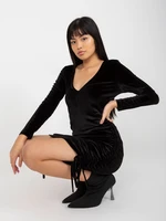 Black velour mini cocktail dress with neckline