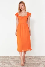 Trendyol Orange Waist Opening Chiffon Lined Midi Woven Dress