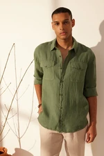 Trendyol Dark Green Limited Edition 100% Linen Regular Fit Shirt