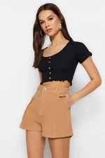 Trendyol Camel Pleated High Waist Denim Shorts