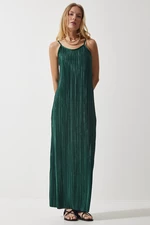 Happiness İstanbul Women's Emerald Green Strappy Summer Pleated Dress