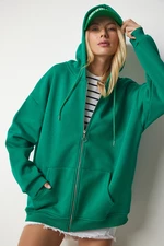 Happiness İstanbul Women's Green Hoodie with Zipper Oversized Sweatshirt