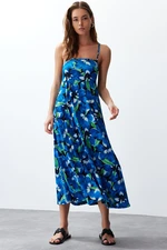 Trendyol Blue Printed Adjustable Straps Square Neck A-Line Crepe/Textured Knit Maxi Dress