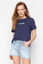 Trendyol Navy Blue 100% Cotton Slogan Embroidered Relaxed/Comfortable Pattern Knitted T-Shirt