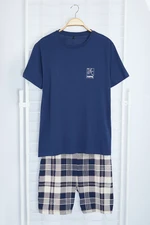 Trendyol Navy Blue Plaid Patterned Printed Regular Fit Knitted Summer Pajama Set with Shorts TMNAW24PT00030