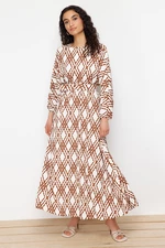 Trendyol Cinnamon Patterned Belt Detailed Crinkle Woven Dress