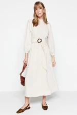 Trendyol Ecru Belted High Neck Linen Look Woven Dress