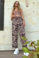 Trend Alaçatı Stili Women's Brown Patterned Woven Viscose Trousers