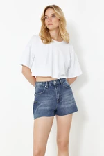 Trendyol Blue Ripped High Waist Denim Shorts