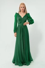 Lafaba Women's Emerald Green, Double Breasted Collar, Glittery Long Flare Evening Dress.