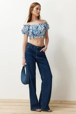 Trendyol Blue Tie-dye Patterned Carmen Collar Crop Woven Blouse