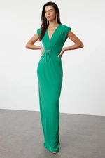 Trendyol Emerald Green Shiny Stone Buckle Detailed Knitted Long Evening Dress