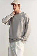 Trendyol Grey Premium Crew Neck Oversize/Wide Cut Text Embroidered Diagonal Sweatshirt