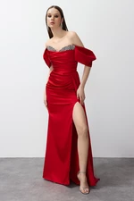 Trendyol Red Low Sleeve Stone Accessory Detailed Long Woven Stylish Evening Dress