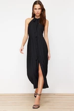 Trendyol Black Skirt Pleated Neck Scarf Detailed Midi Woven Dress