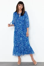 Trendyol Navy Patterned Straight Cut Maxi Lined Chiffon Woven Dress