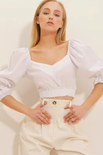 Trend Alaçatı Stili Women's White V-Neck Tie Waist Poplin Crop Blouse