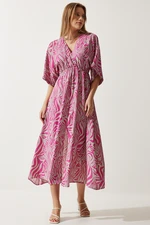 Happiness İstanbul Women's Pink Gray Wrapover Neck Patterned Summer Viscose Dress