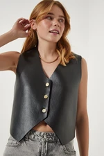 Happiness İstanbul Women's Black Fleece Faux Leather Vest