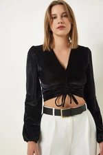 Happiness İstanbul Black Deep V Neck Crop Velvet Blouse