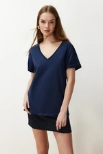 Trendyol Navy Blue 100% Cotton Oversize/Wide Fit V-Neck Knitted T-Shirt