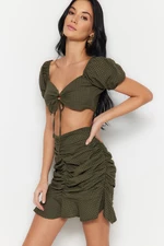 Trendyol Khaki Woven Gathered Blouse and Skirt Set