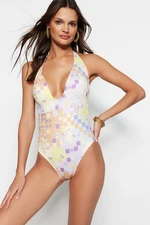 Trendyol Abstract Pattern Deep-Chocolate Low-Cut Back Regular Leg Swimsuit