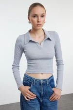 Trendyol Gray Melange Fitted Polo Neck Ribbed Stretchy Knitted Blouse